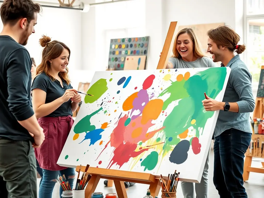 A photograph showcasing a collaborative art project, with multiple artists working together on a large canvas, demonstrating the spirit of teamwork and shared creativity.