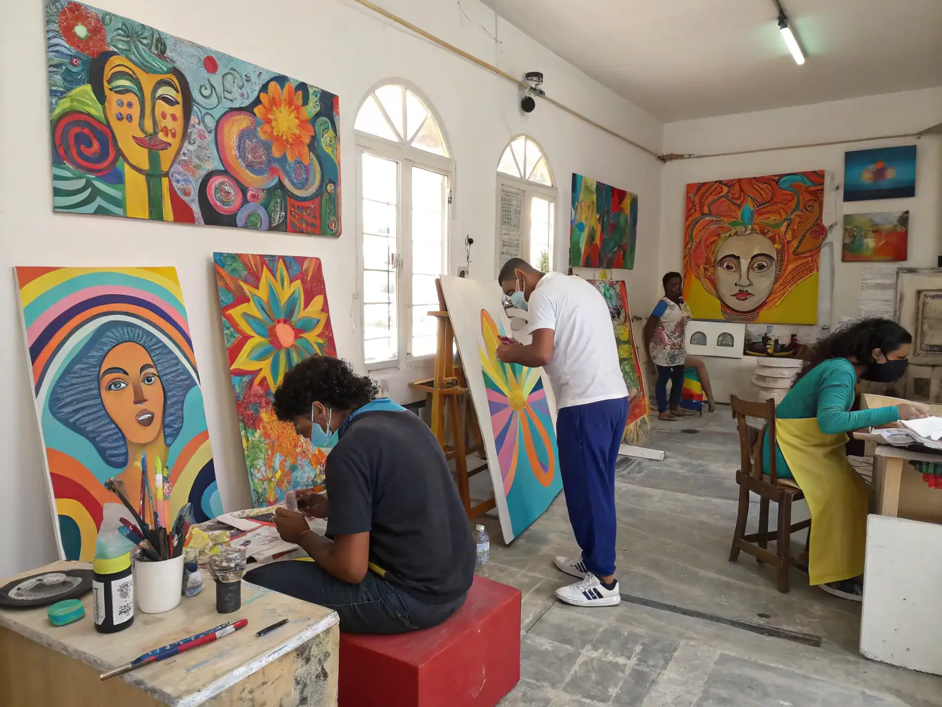 An image of the spacious, well-lit studio with artists working on their projects, surrounded by artworks and creative tools.