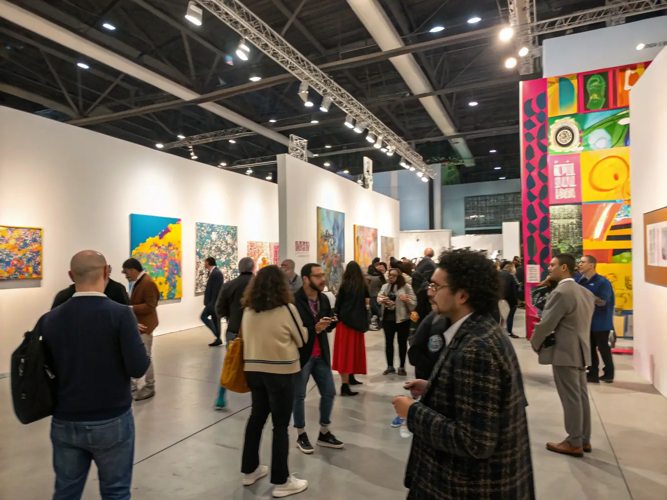 A vibrant image of a public art exhibition, with people of all ages engaging with the artworks, highlighting the association's commitment to public engagement and community outreach.